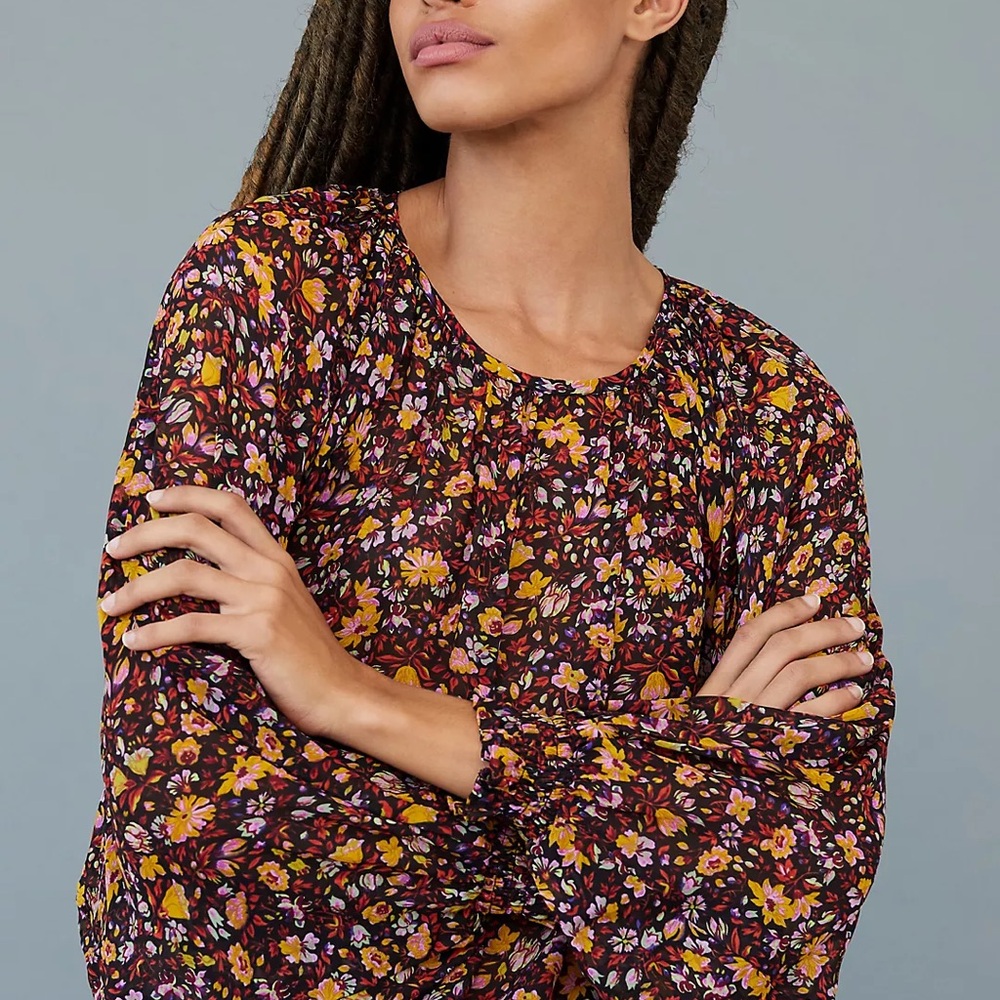 Anthropologie Pauline Sheer Whimsy Floral Long Sleeve Blouse Tassel Ties Small